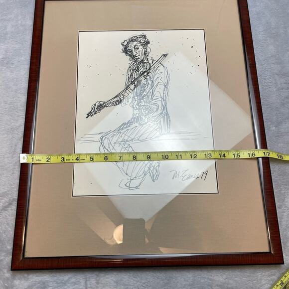 Violinist Musician Pencil Drawing Artist Signed Mark Eanes 1979 Wood Frame 17x21 - Picture 5 of 7